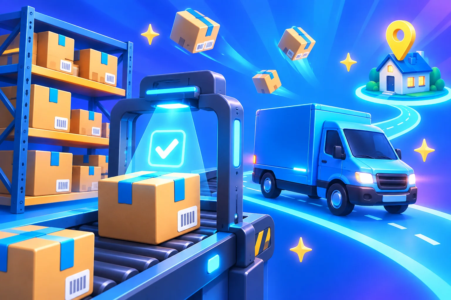 3D illustration of a fulfillment warehouse scanning a parcel and sending it by van to a home