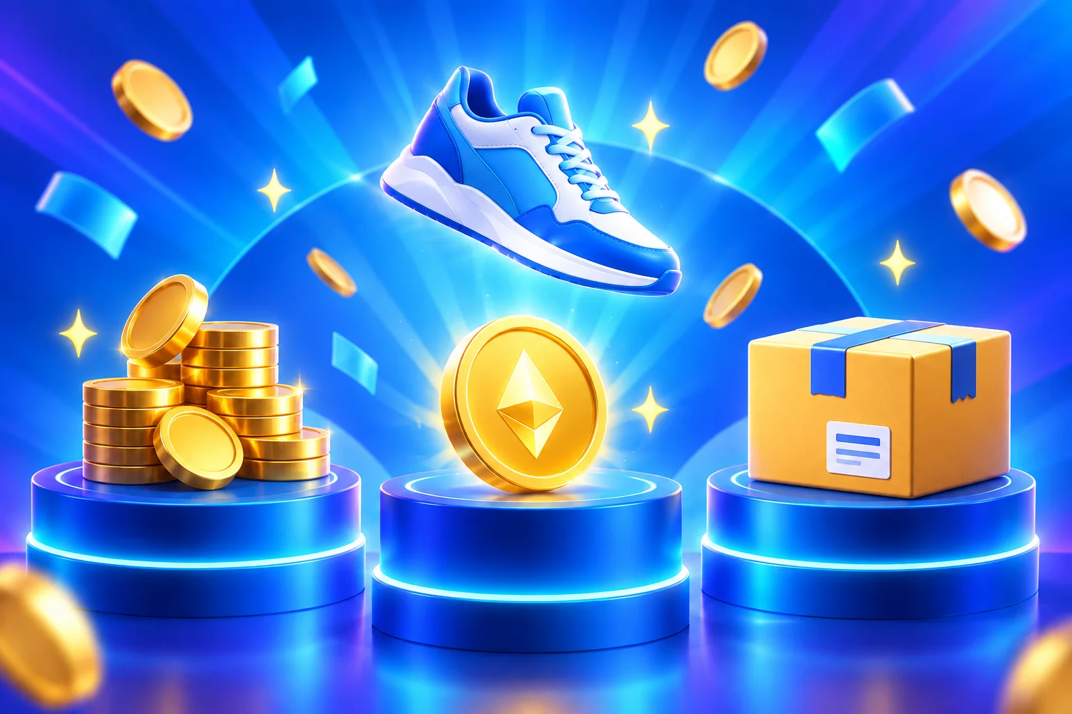 3D pedestals holding coins, a crypto coin and a shipping box with a sneaker choosing between them