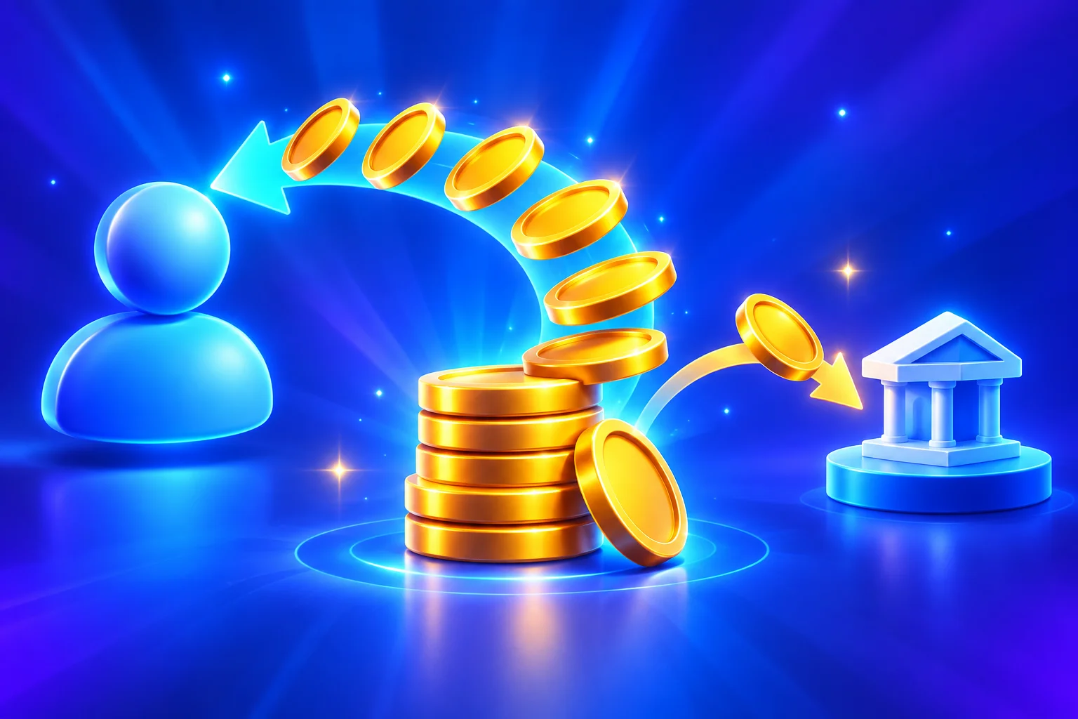 3D illustration of a coin stack where most coins return to the player and one goes to the platform