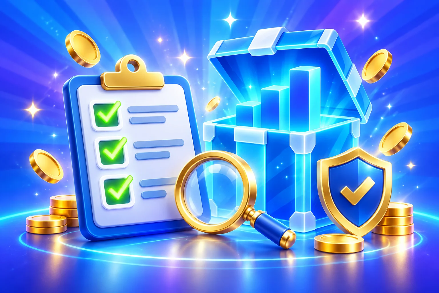 3D checklist, magnifying glass and see-through mystery box showing how to check a site's odds