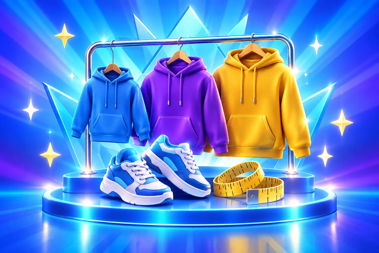 3D clothing rack with hoodies in three sizes, sneakers and a measuring tape