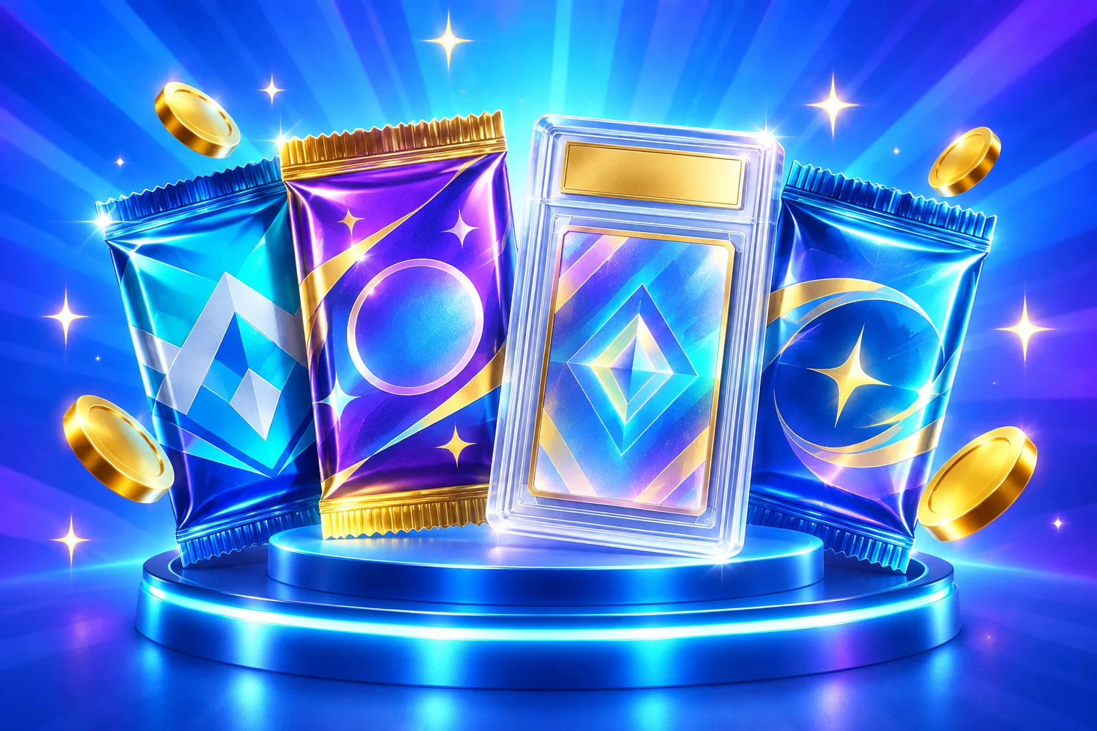 3D sealed card packs next to a graded card case on a glowing podium