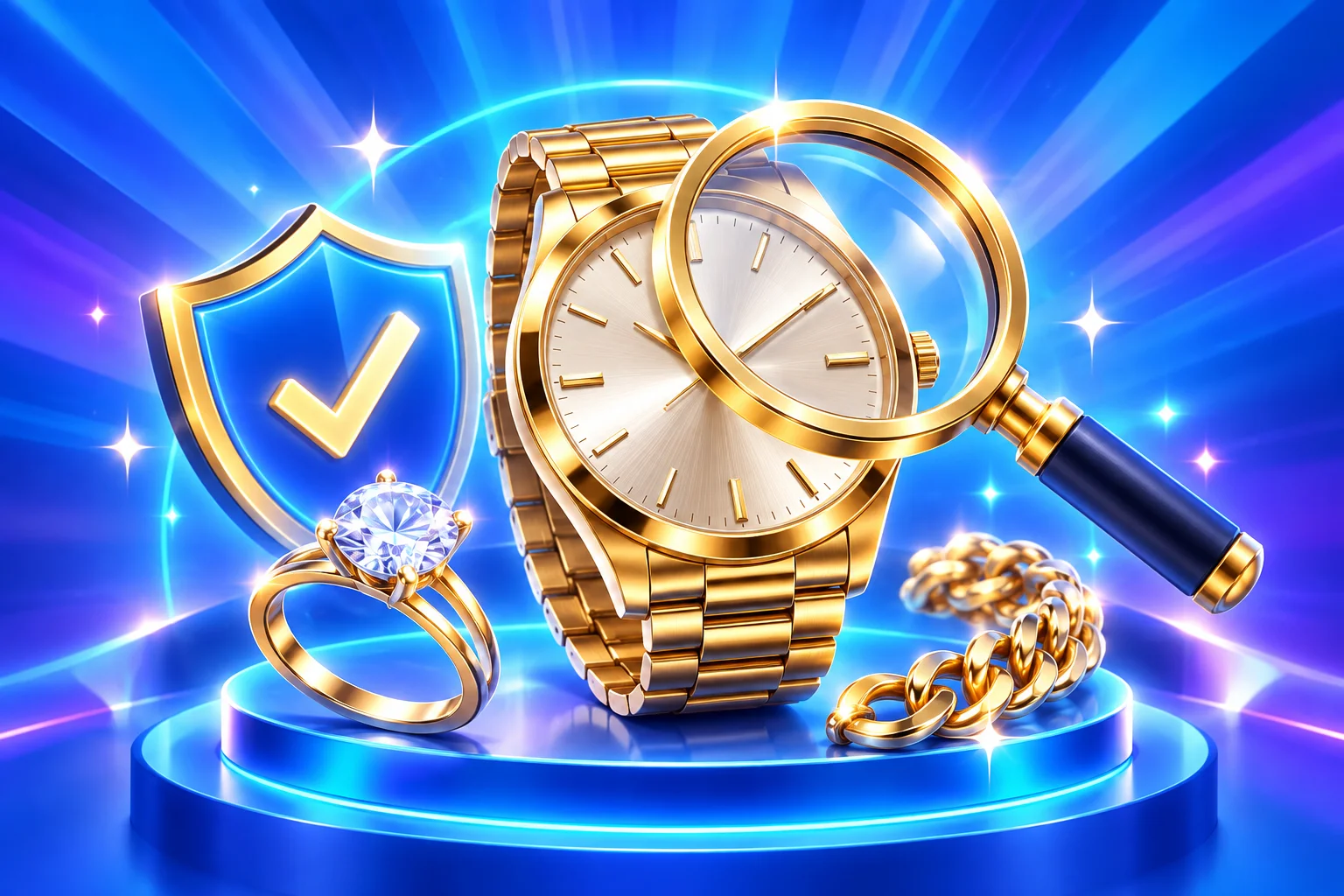 Magnifying glass inspecting an unbranded gold watch beside a ring, chain and checkmark shield