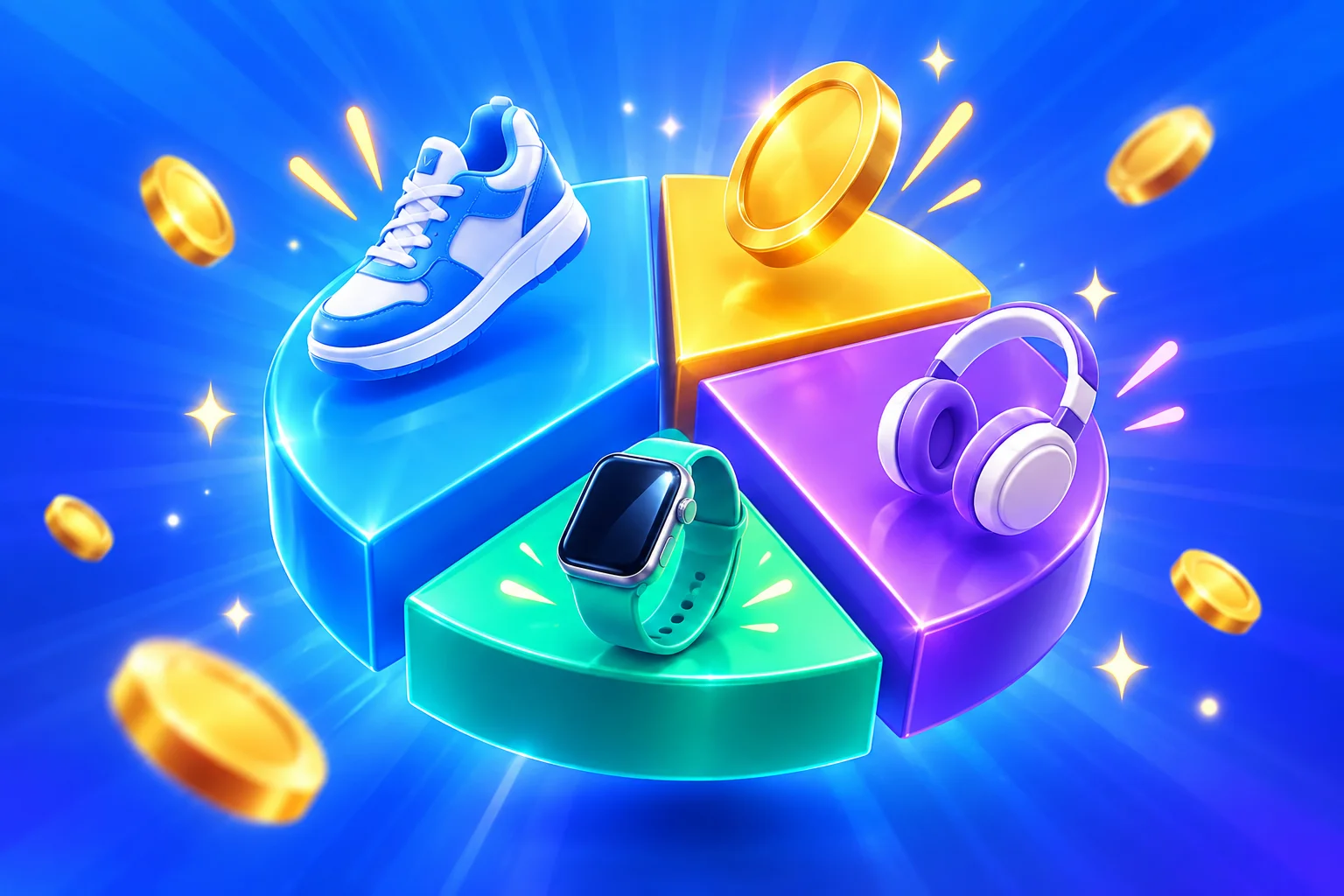 3D pie chart with a prize on each slice showing how drop rates split a mystery box