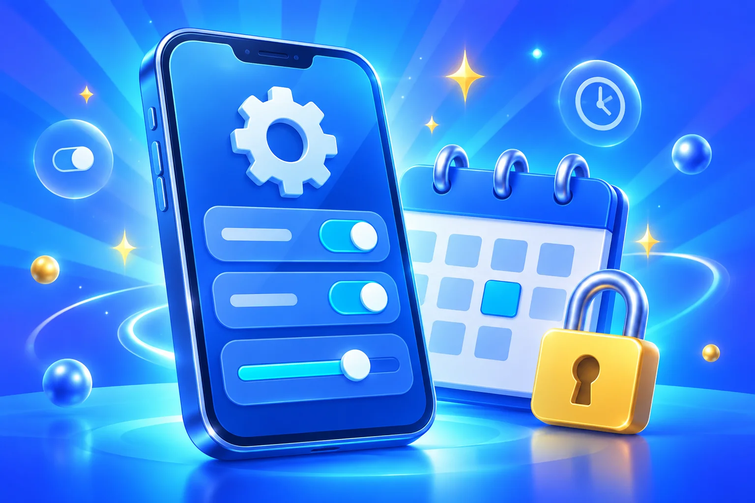 3D smartphone showing account limit toggles beside a calendar and padlock