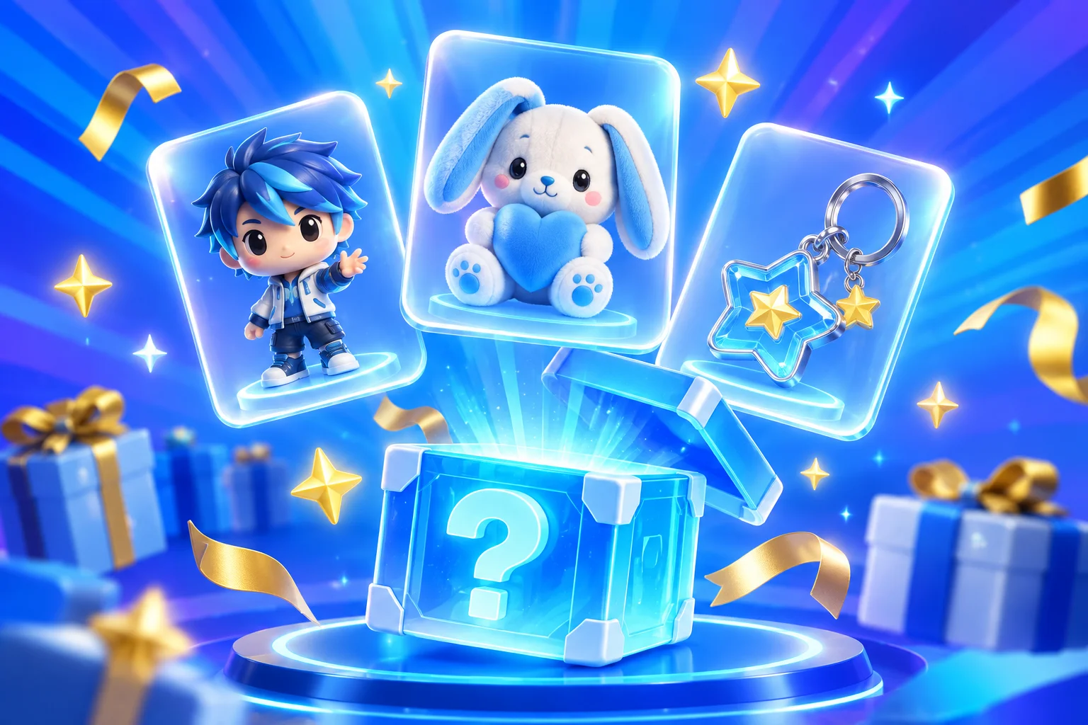 3D item cards showing a figure, plush and keychain beside a mystery box