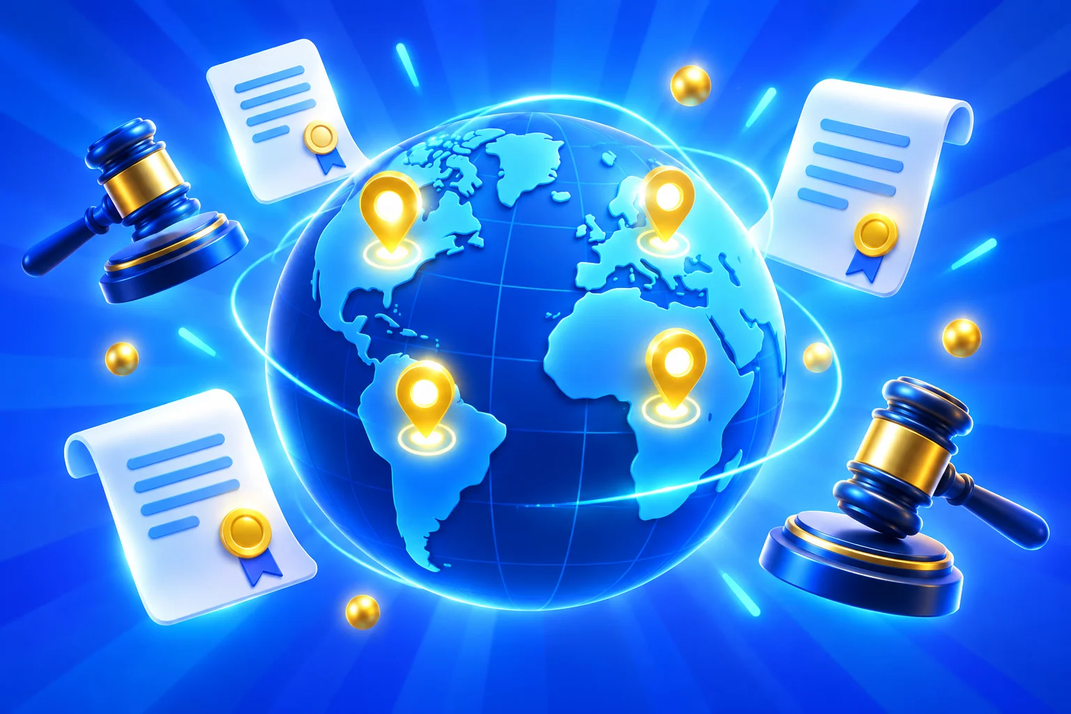 3D globe with location pins, documents and gavels representing mystery box laws by jurisdiction