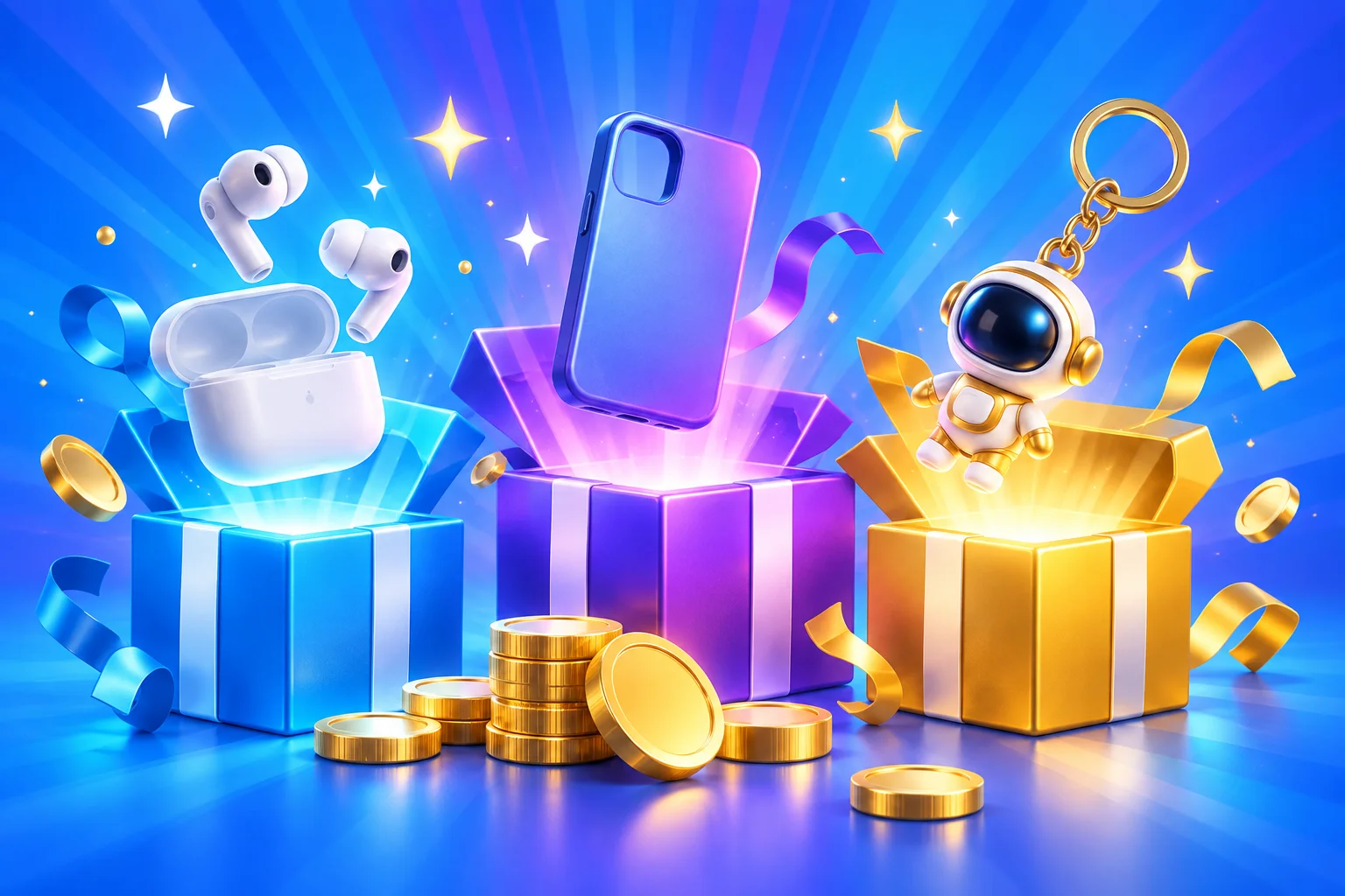 Three small 3D mystery boxes with earbuds, a phone case and a keychain floating out