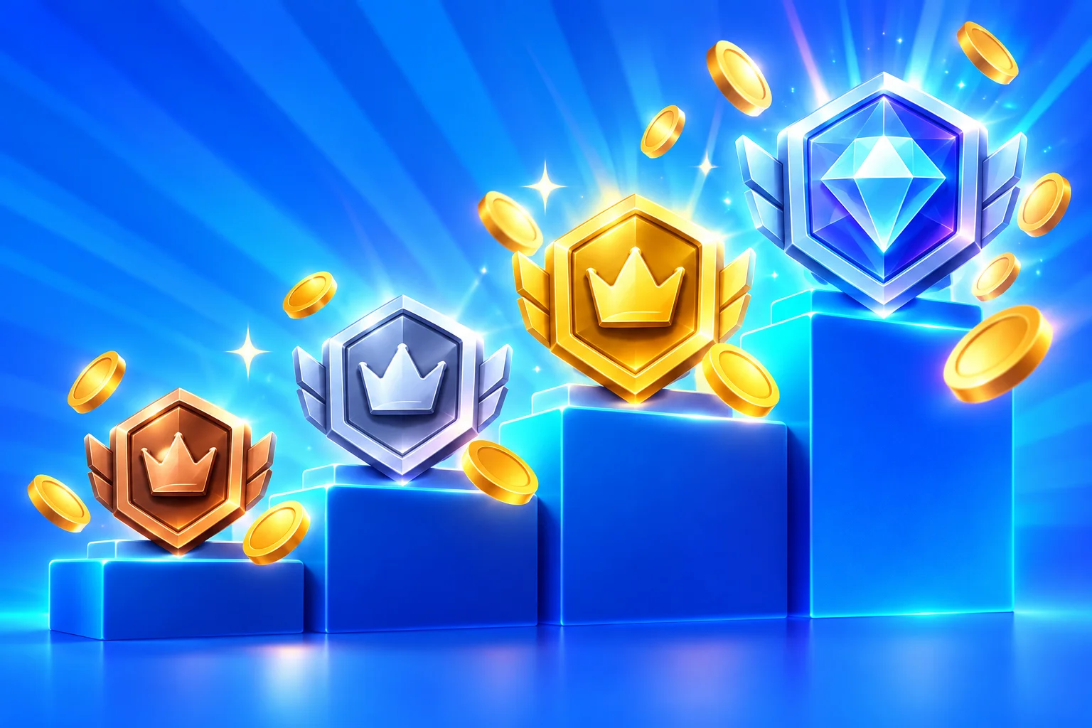 3D bronze, silver, gold and diamond reward tier badges on rising steps